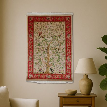 Selyem szőnyeg Életfa motívum bézs 80x120 viszkóz selyem perzsa szőnyeg
