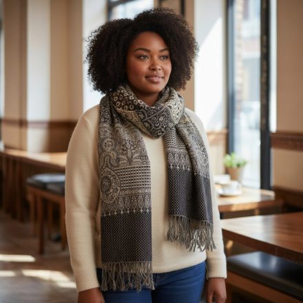 Elegáns férfi női vállkendő 215x105 szürke-fekete pamut sál