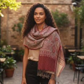 Sál szürke-bordó 215x105 elegáns női sál pamutból