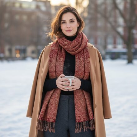 Elegán női sál 215x105 bordó-bézs autentikus mintával