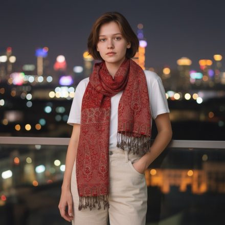 Sál 215x105 nagyméretű piros női kendő pamutból